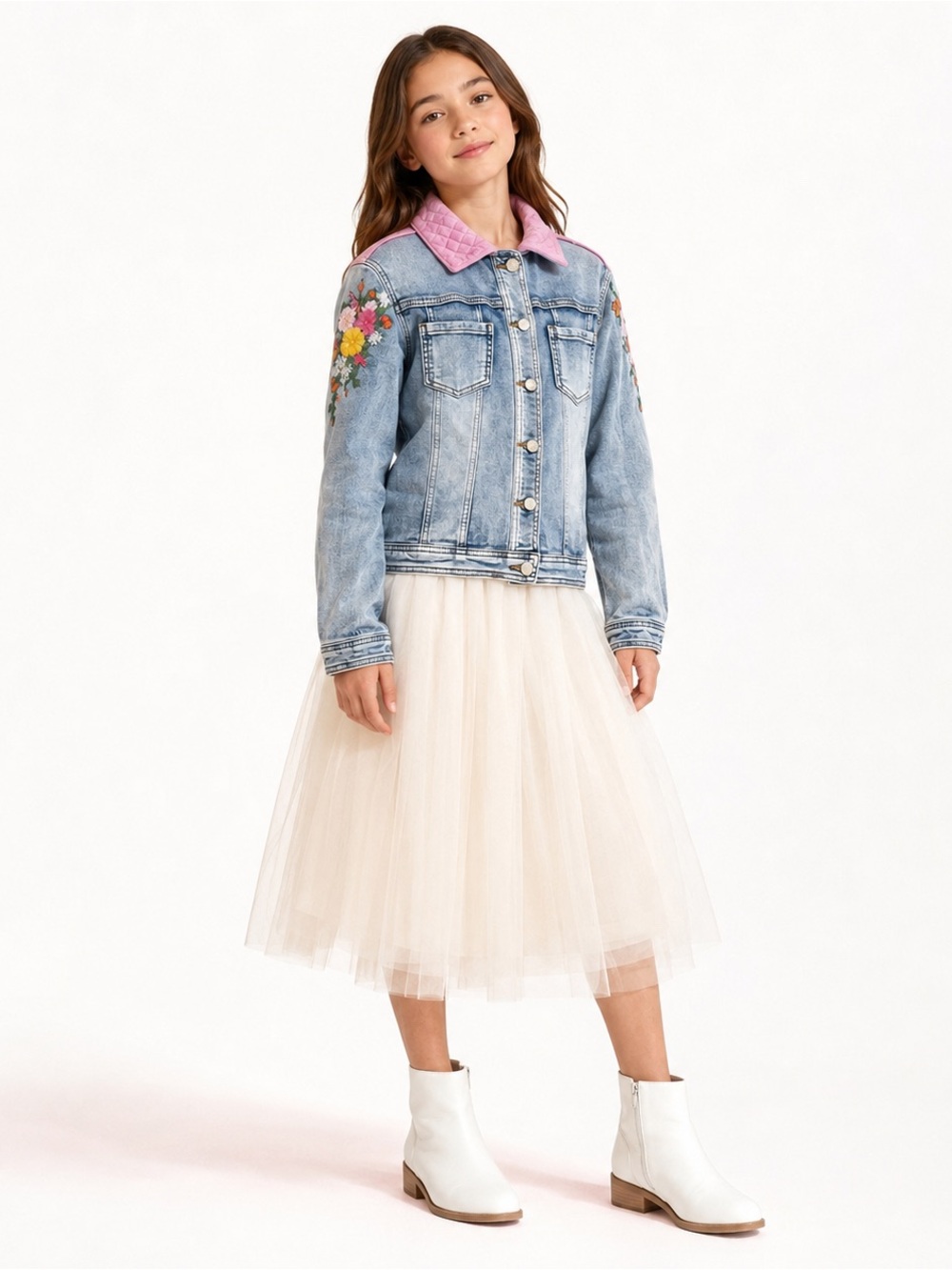Monnalisa Girls 12 Floral Embroidered Quilted Denim Jacket